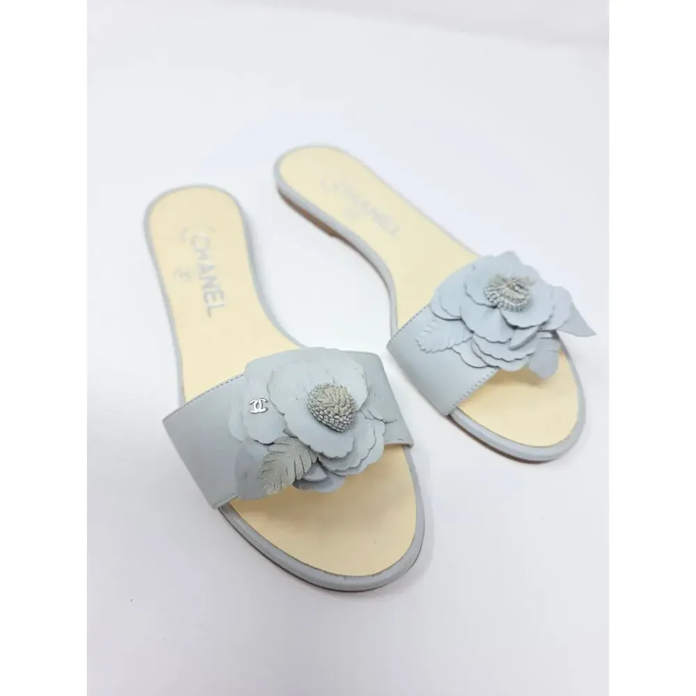Chanel Camellia Flower CC Logo Sandals Blue Gray Day Leather Slides 36 US 5.5
